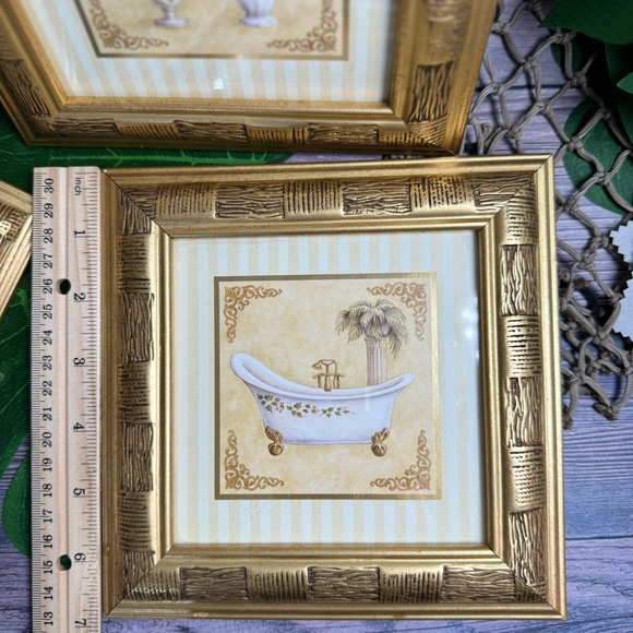 3 VINTAGE GOLD FRAMED PALM TREE NAUTICAL COASTAL BATHROOM PICTURES Bundle Bamboo - Picture 12 of 14